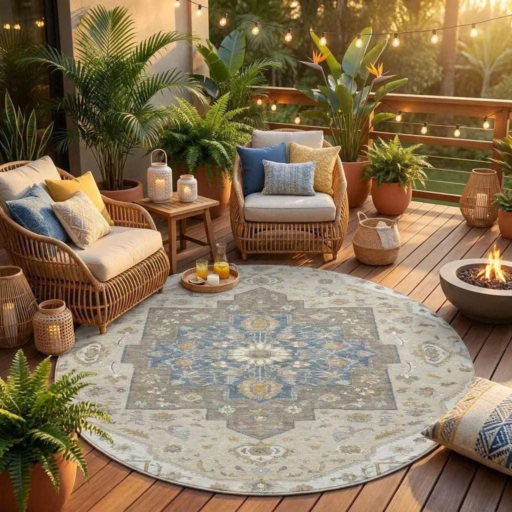 8' Ivory And Beige Round Floral Medallion Washable Indoor Outdoor Area Rug Homeroots Outdoor