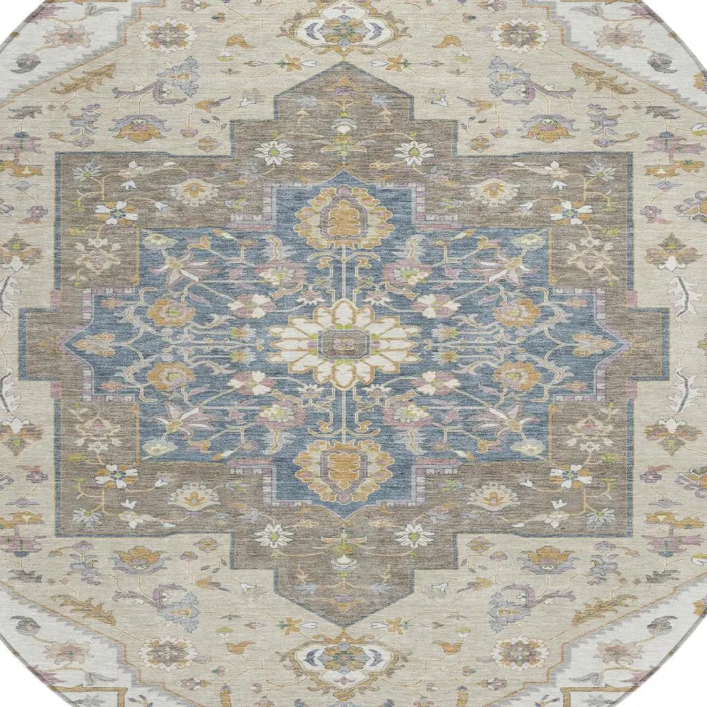 8' Ivory And Beige Round Floral Medallion Washable Indoor Outdoor Area Rug Homeroots Outdoor