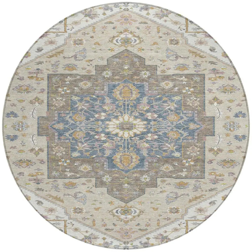 8' Ivory And Beige Round Floral Medallion Washable Indoor Outdoor Area Rug Homeroots Outdoor