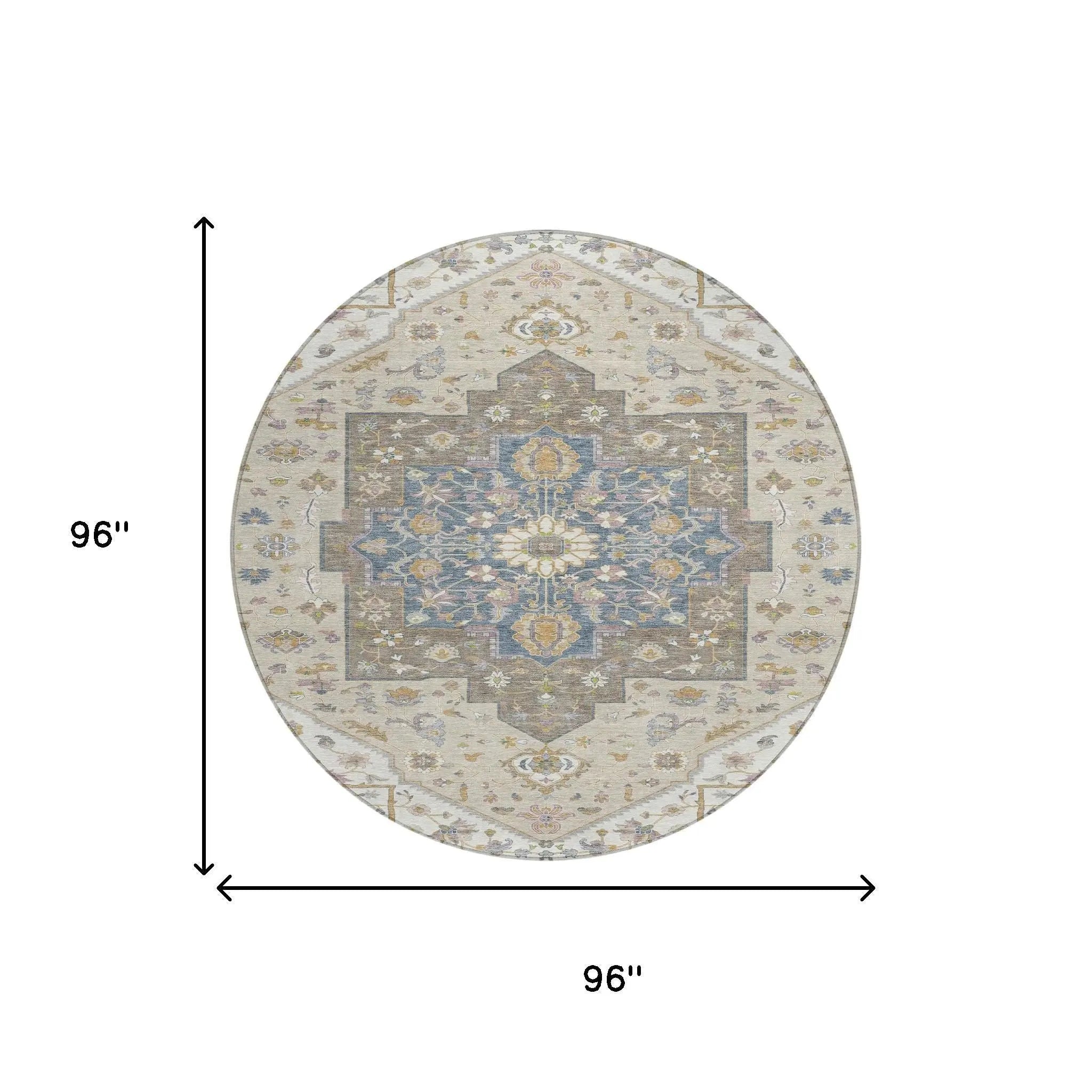 8' Ivory And Beige Round Floral Medallion Washable Indoor Outdoor Area Rug Homeroots Outdoor