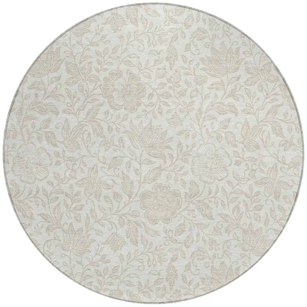 8' Ivory And Beige Round Floral Washable Indoor Outdoor Area Rug Homeroots Outdoor