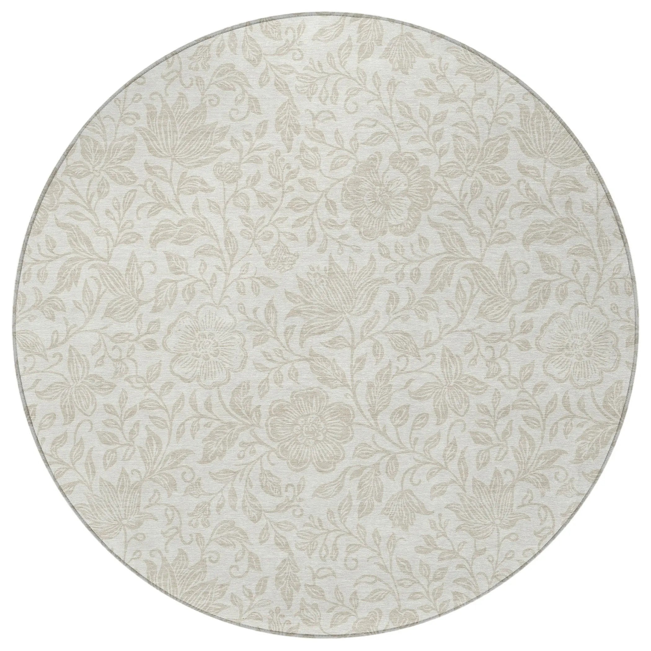 8' Ivory And Beige Round Floral Washable Indoor Outdoor Area Rug Homeroots Outdoor