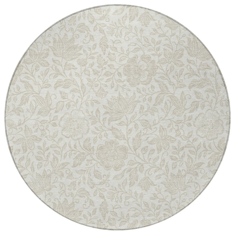 8' Ivory And Beige Round Floral Washable Indoor Outdoor Area Rug Homeroots Outdoor