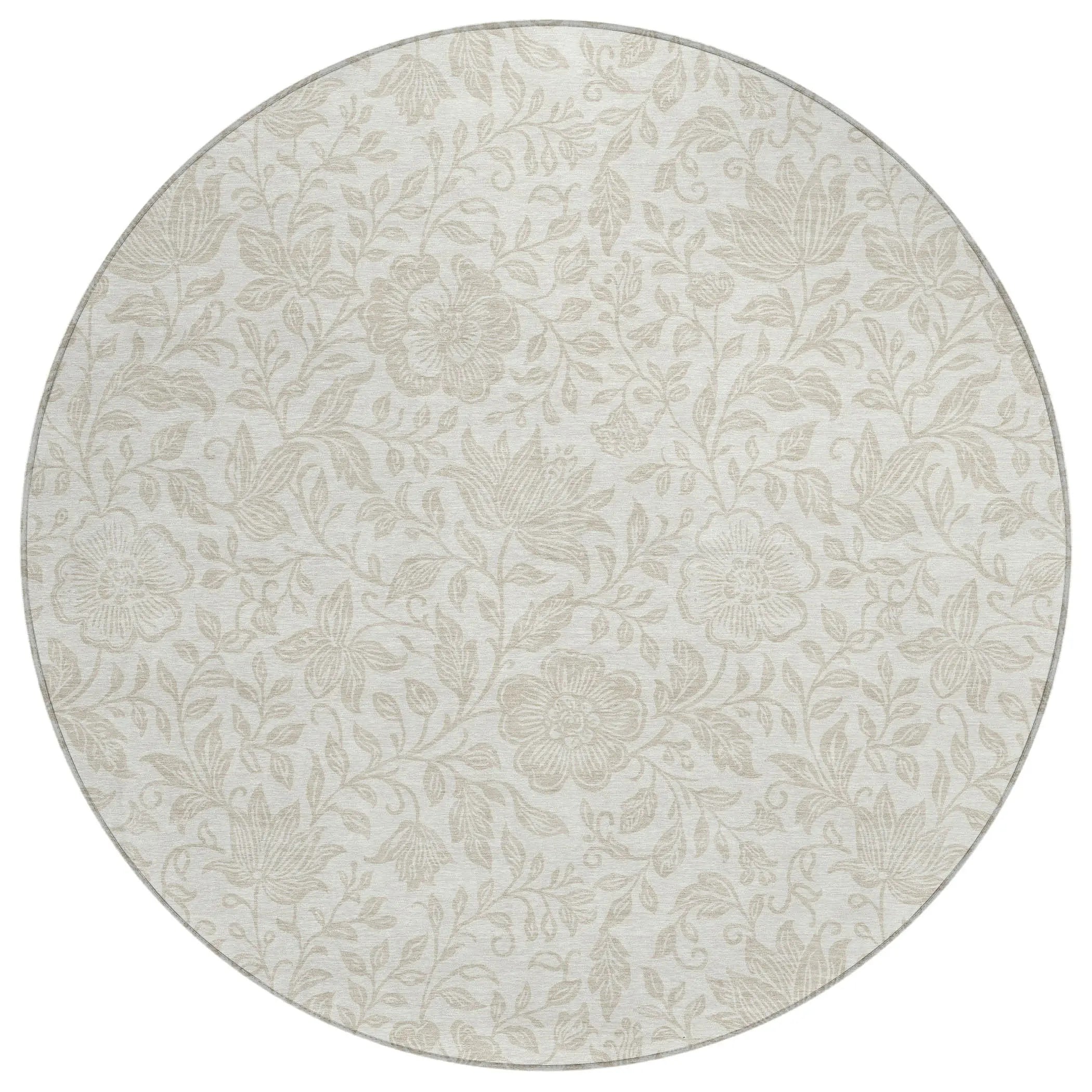 8' Ivory And Beige Round Floral Washable Indoor Outdoor Area Rug Homeroots Outdoor