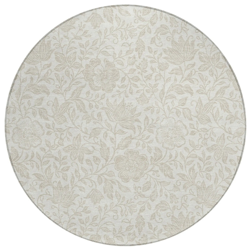 8' Ivory And Beige Round Floral Washable Indoor Outdoor Area Rug Homeroots Outdoor