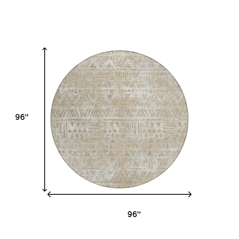 8' Ivory And Beige Round Geometric Washable Indoor Outdoor Area Rug Homeroots Outdoor
