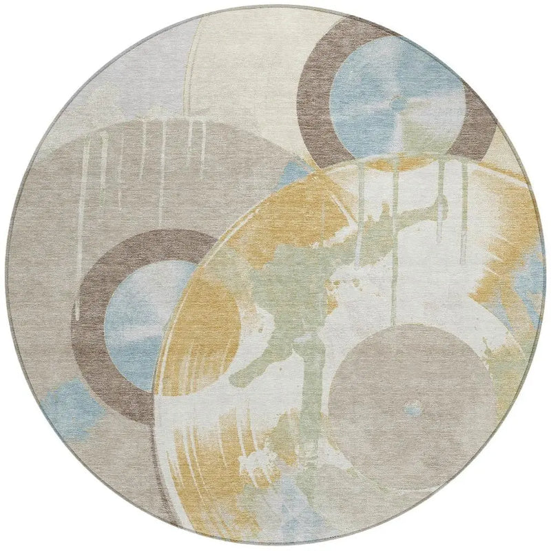 8' Ivory And Beige Round Geometric Washable Indoor Outdoor Area Rug Homeroots Outdoor