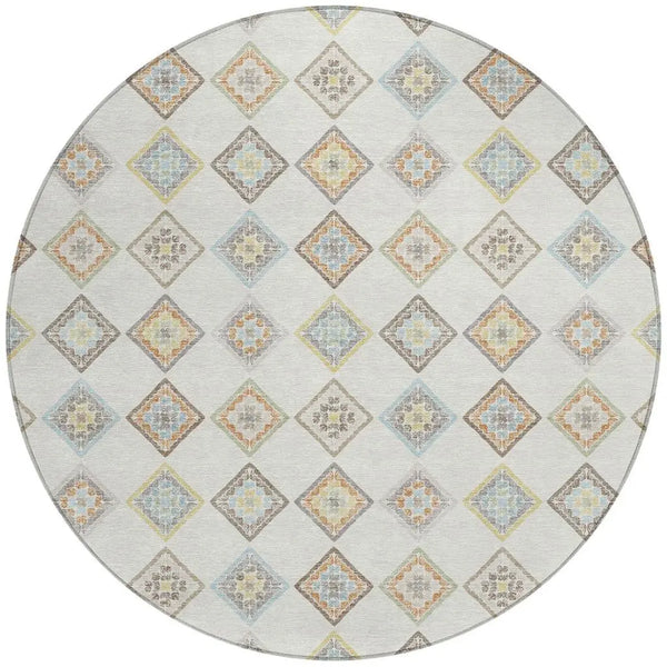 8' Ivory And Beige Round Geometric Washable Indoor Outdoor Area Rug Homeroots Outdoor