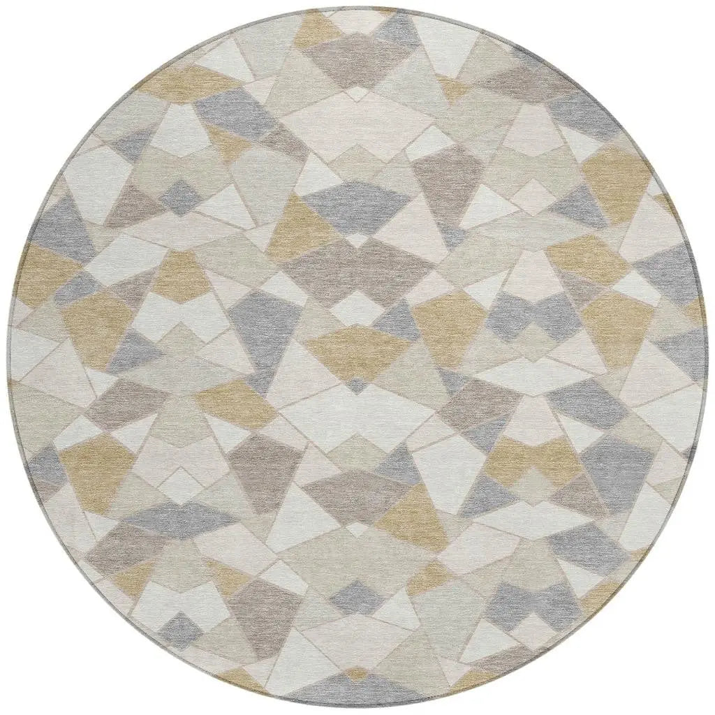 8' Ivory And Beige Round Geometric Washable Indoor Outdoor Area Rug Homeroots Outdoor