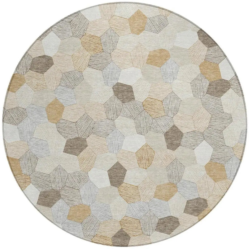 8' Ivory And Beige Round Geometric Washable Indoor Outdoor Area Rug Homeroots Outdoor