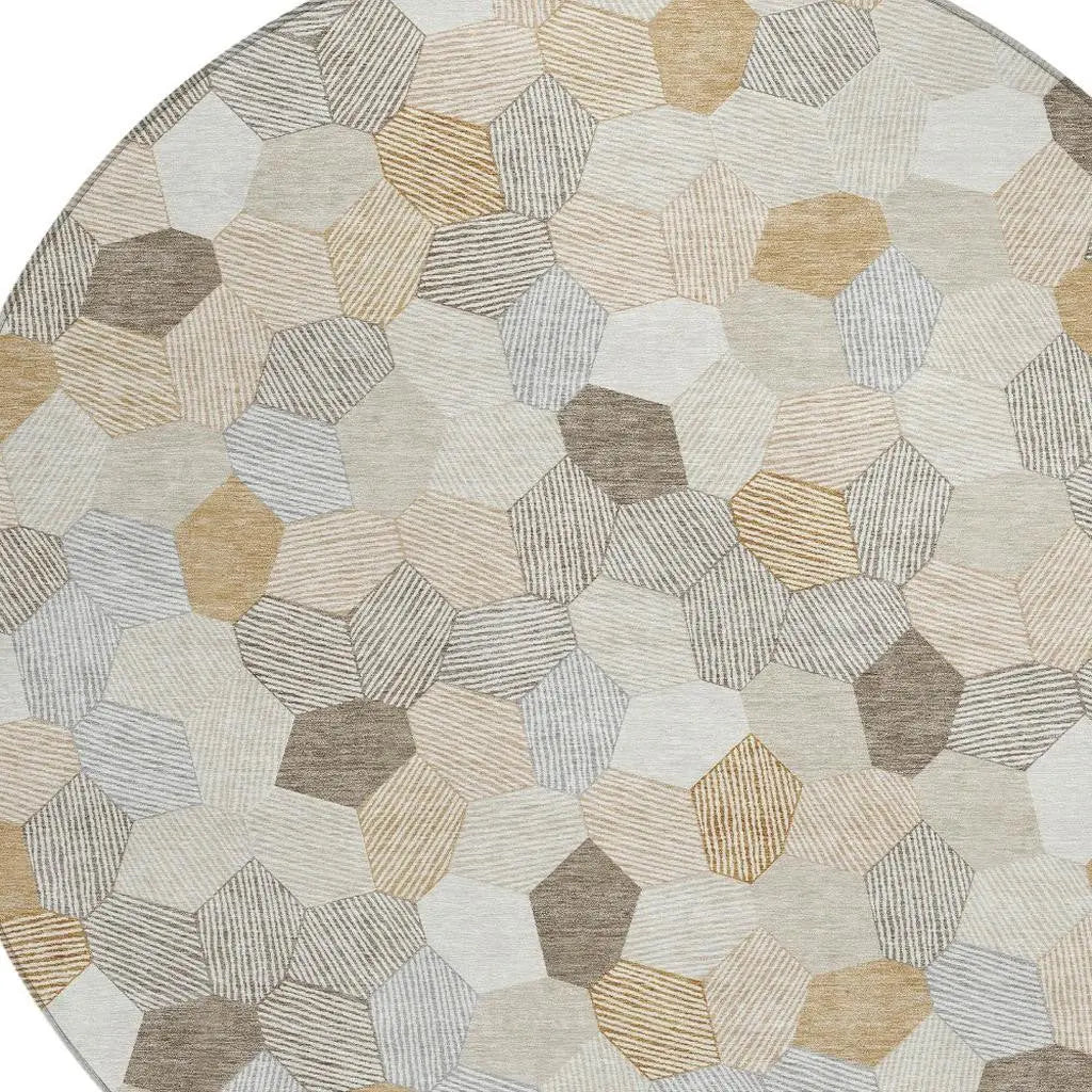 8' Ivory And Beige Round Geometric Washable Indoor Outdoor Area Rug Homeroots Outdoor