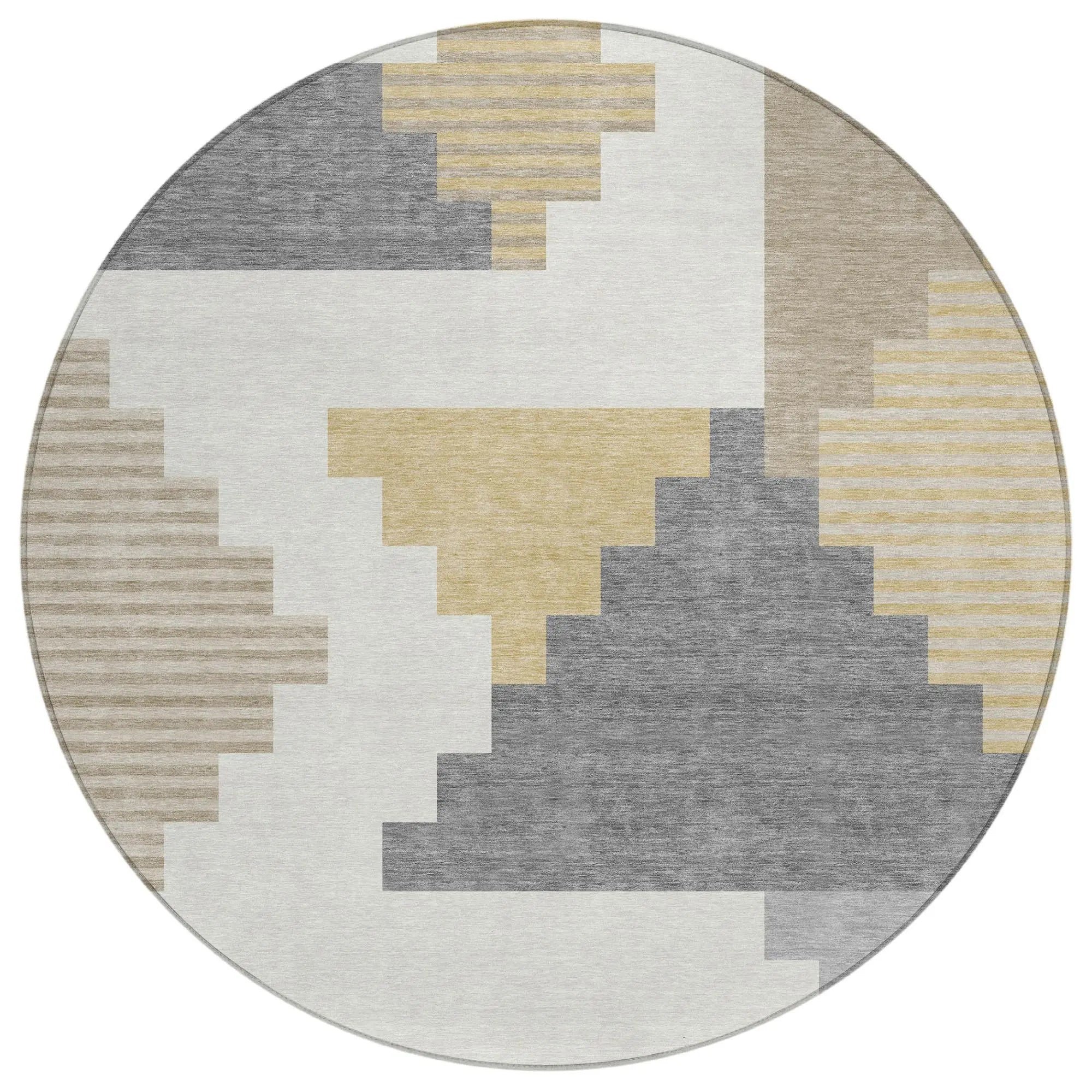 8' Ivory And Beige Round Geometric Washable Indoor Outdoor Area Rug Homeroots Outdoor