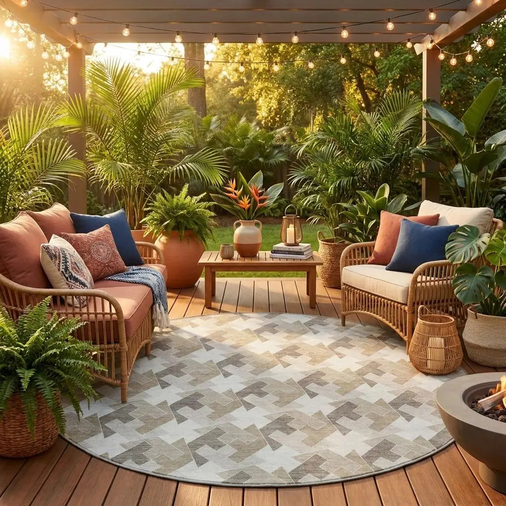 8' Ivory And Beige Round Geometric Washable Indoor Outdoor Area Rug Homeroots Outdoor