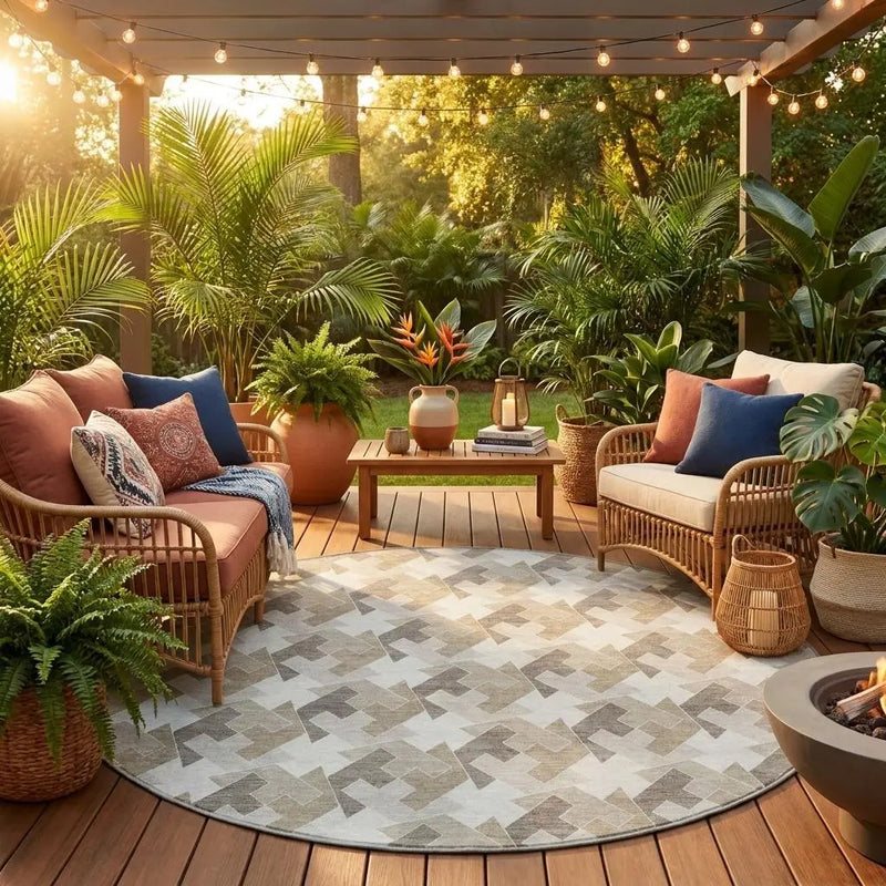 8' Ivory And Beige Round Geometric Washable Indoor Outdoor Area Rug Homeroots Outdoor