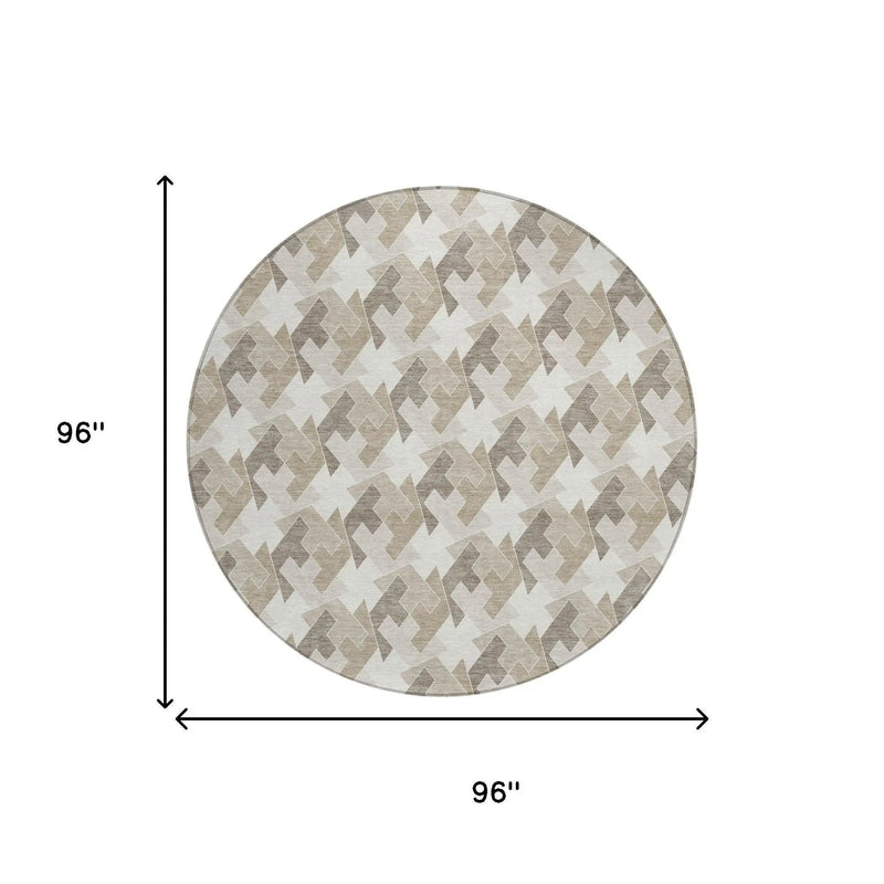 8' Ivory And Beige Round Geometric Washable Indoor Outdoor Area Rug Homeroots Outdoor