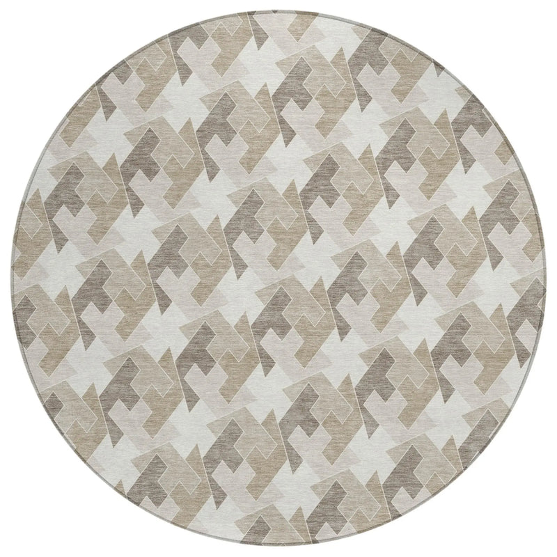 8' Ivory And Beige Round Geometric Washable Indoor Outdoor Area Rug Homeroots Outdoor