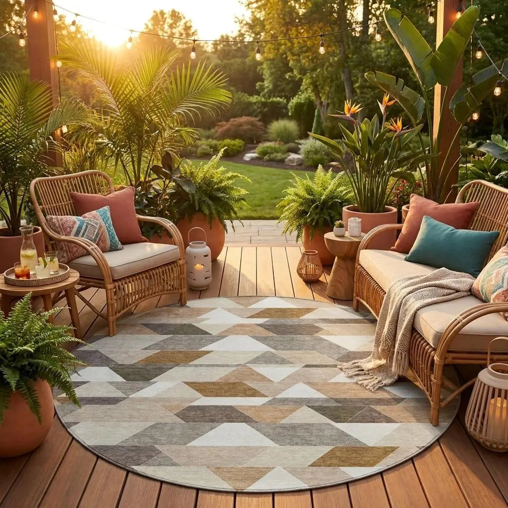 8' Ivory And Beige Round Geometric Washable Indoor Outdoor Area Rug Homeroots Outdoor