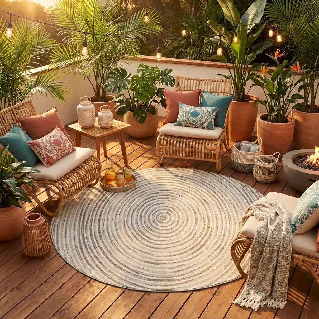 8' Ivory And Beige Round Geometric Washable Indoor Outdoor Area Rug Homeroots Outdoor