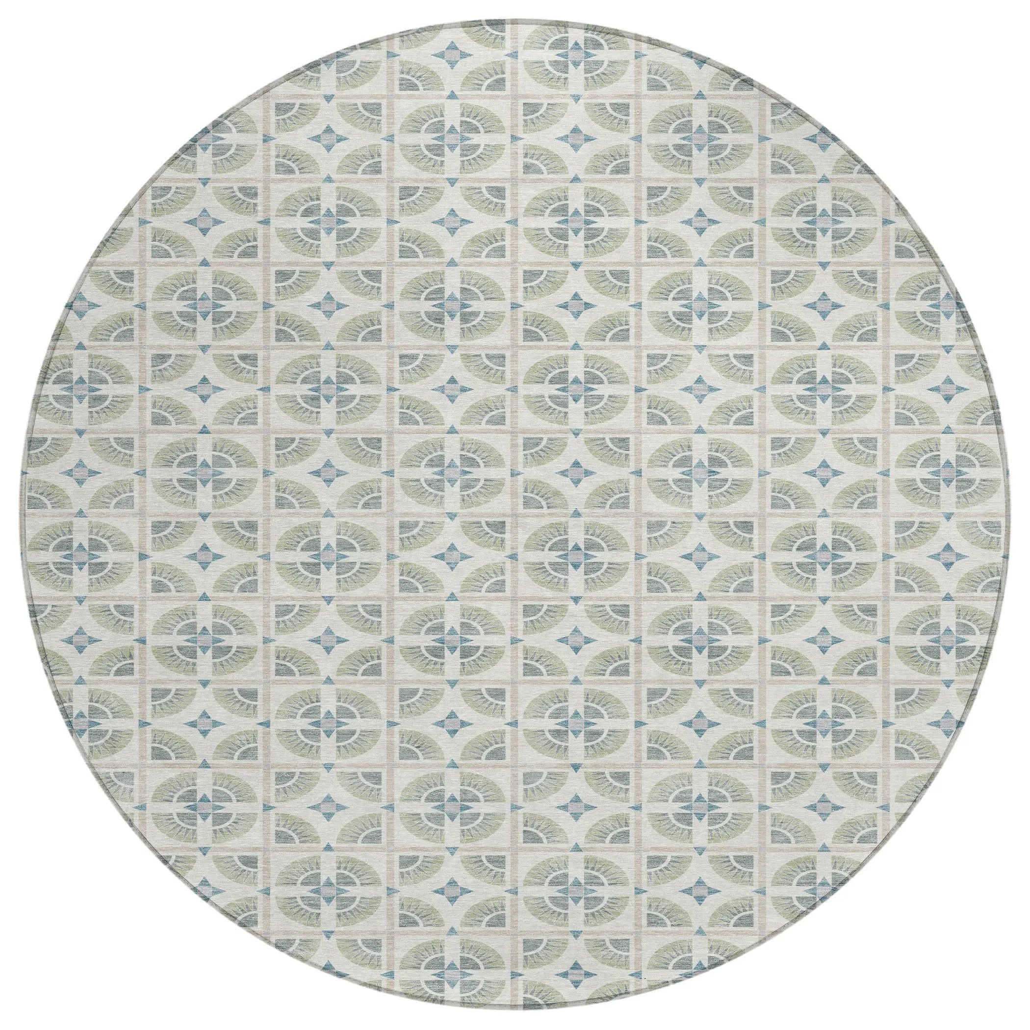 8' Ivory And Beige Round Geometric Washable Indoor Outdoor Area Rug Homeroots Outdoor