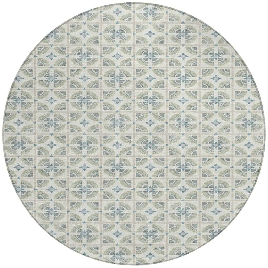 8' Ivory And Beige Round Geometric Washable Indoor Outdoor Area Rug Homeroots Outdoor