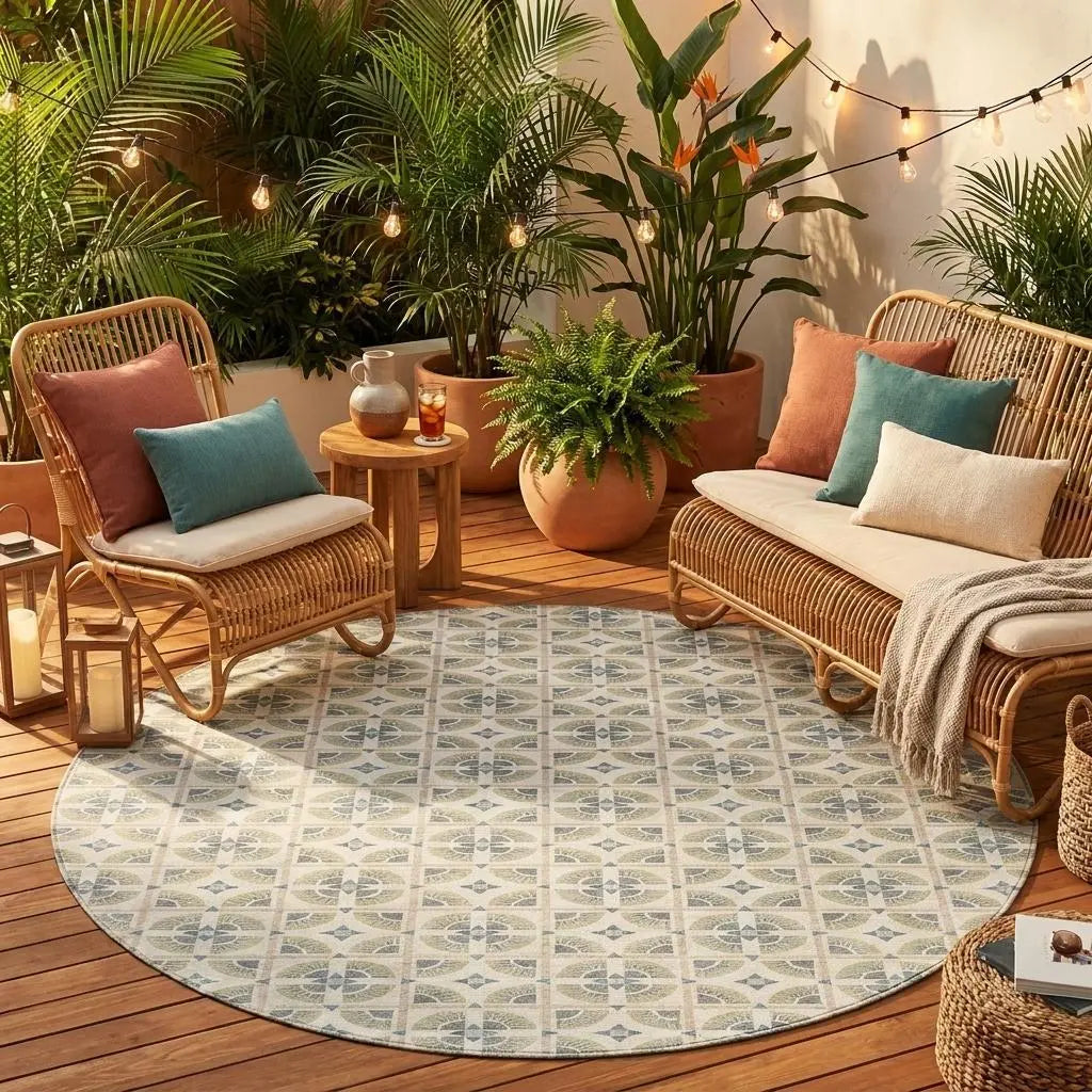 8' Ivory And Beige Round Geometric Washable Indoor Outdoor Area Rug Homeroots Outdoor