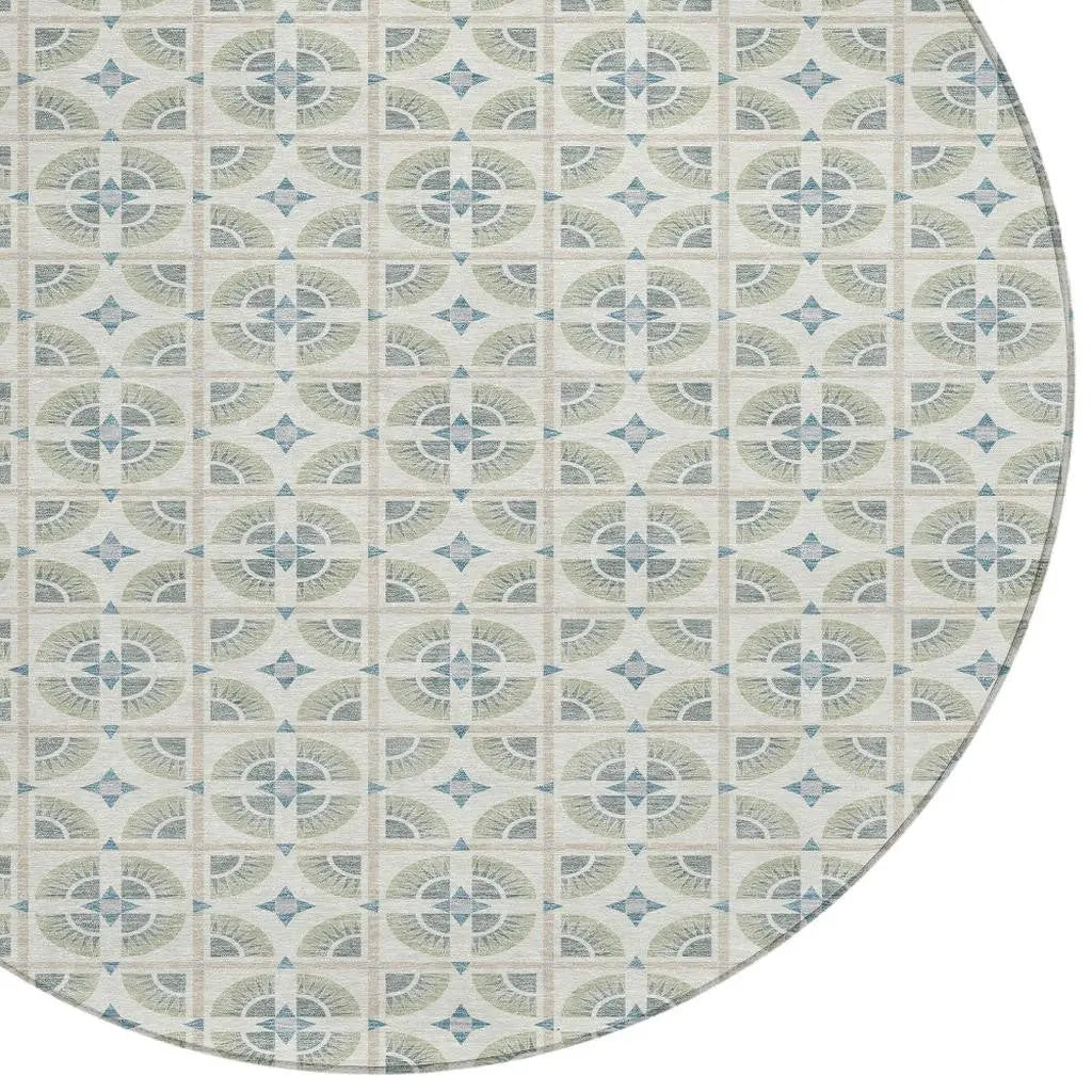 8' Ivory And Beige Round Geometric Washable Indoor Outdoor Area Rug Homeroots Outdoor