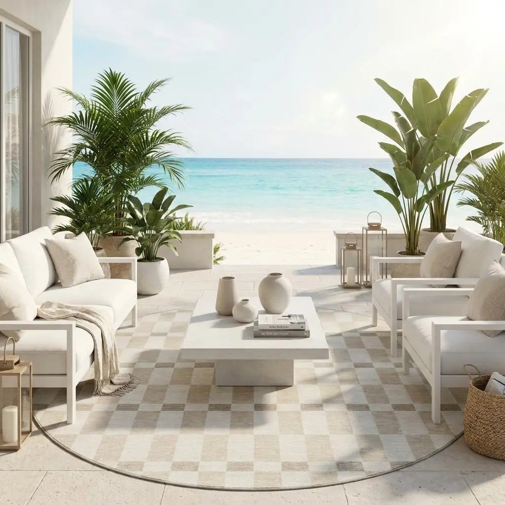 8' Ivory And Beige Round Geometric Washable Indoor Outdoor Area Rug Homeroots Outdoor