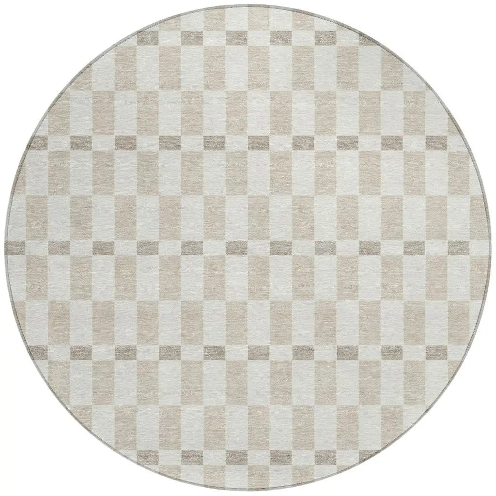 8' Ivory And Beige Round Geometric Washable Indoor Outdoor Area Rug Homeroots Outdoor