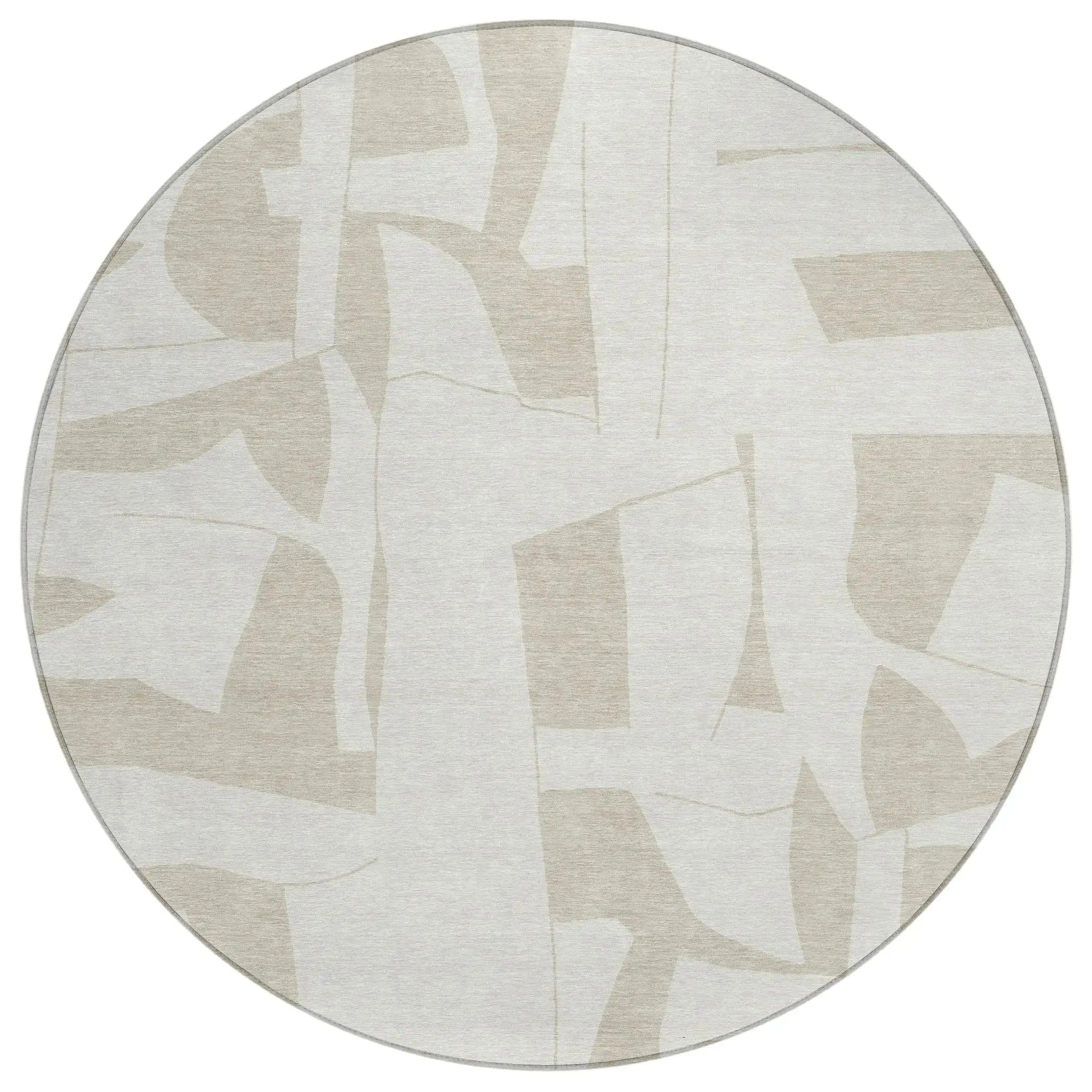 8' Ivory And Beige Round Geometric Washable Indoor Outdoor Area Rug Homeroots Outdoor