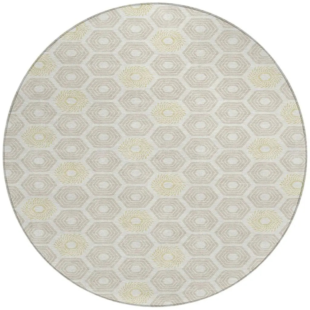 8' Ivory And Beige Round Geometric Washable Indoor Outdoor Area Rug Homeroots Outdoor