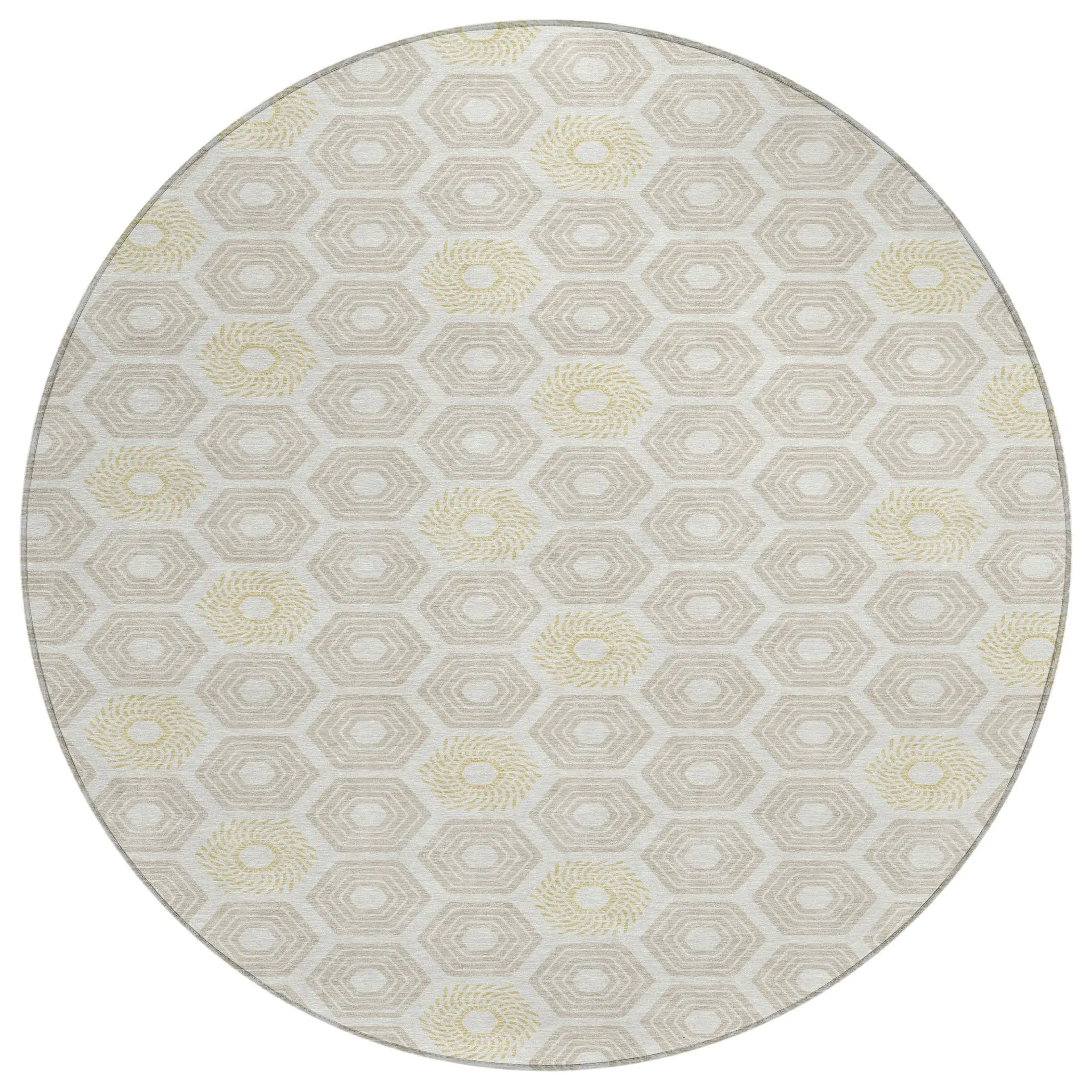 8' Ivory And Beige Round Geometric Washable Indoor Outdoor Area Rug Homeroots Outdoor