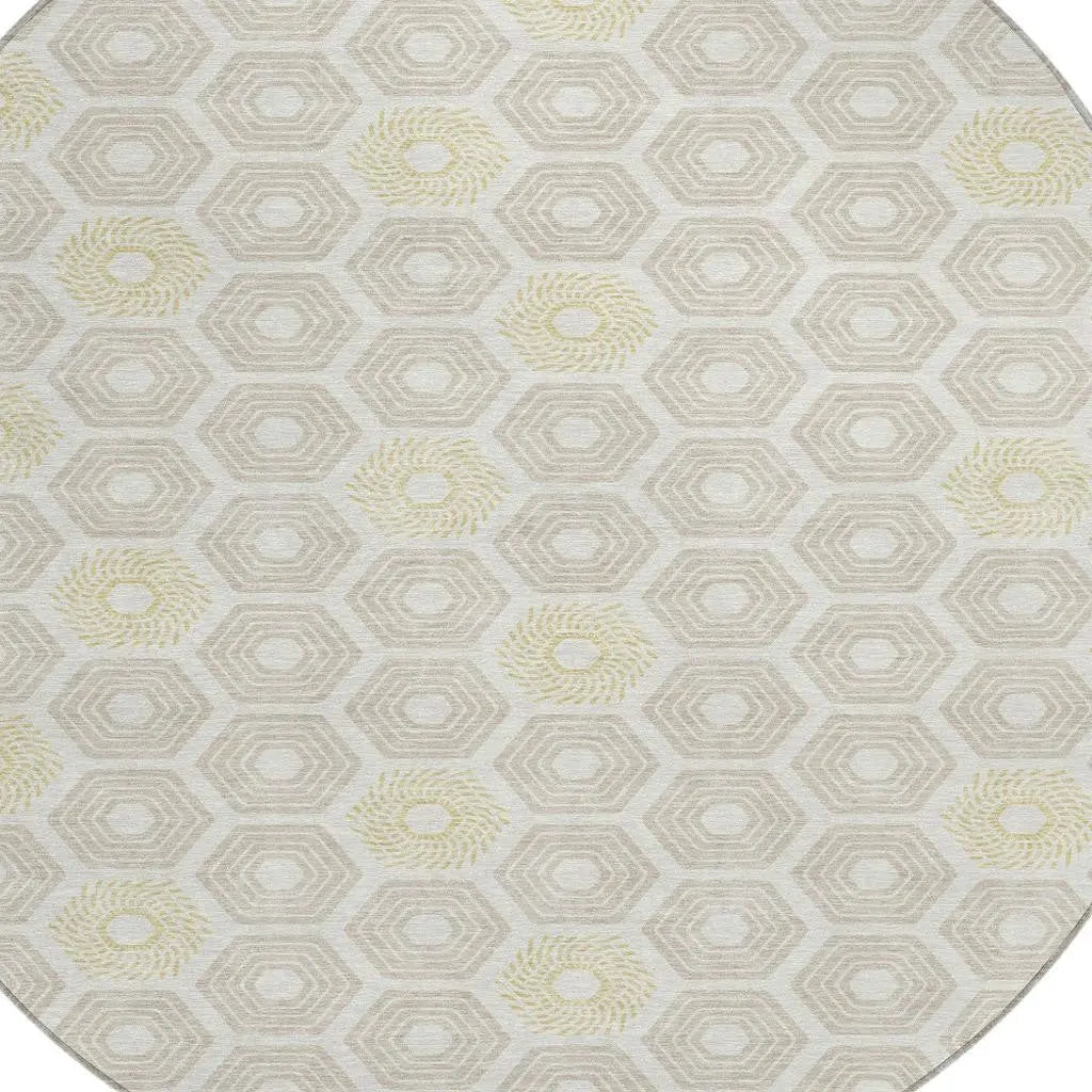 8' Ivory And Beige Round Geometric Washable Indoor Outdoor Area Rug Homeroots Outdoor