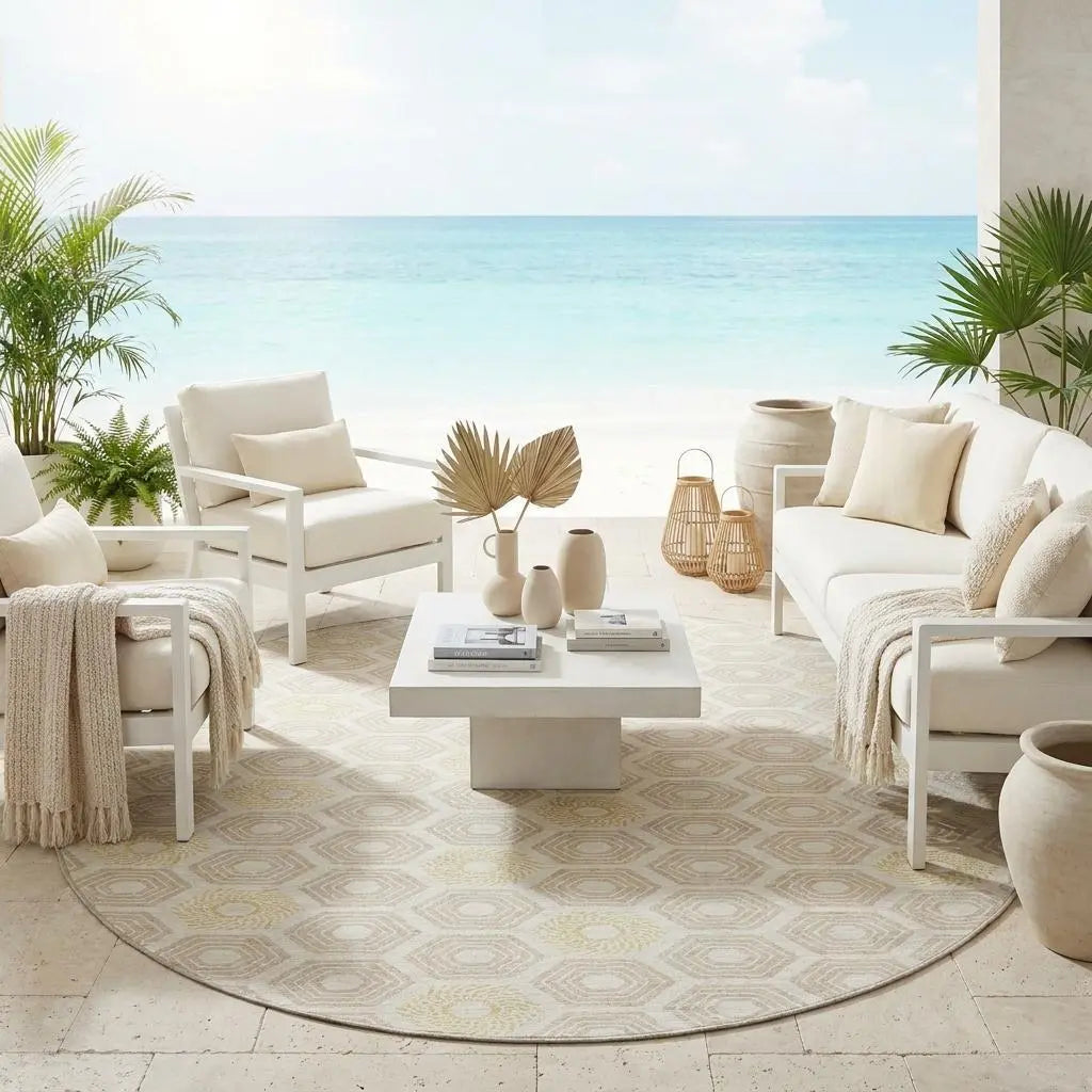 8' Ivory And Beige Round Geometric Washable Indoor Outdoor Area Rug Homeroots Outdoor