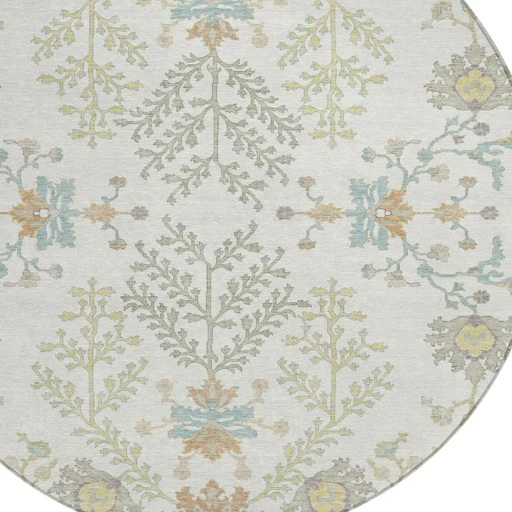 8' Ivory And Beige Round Oriental Washable Indoor Outdoor Area Rug Homeroots Outdoor