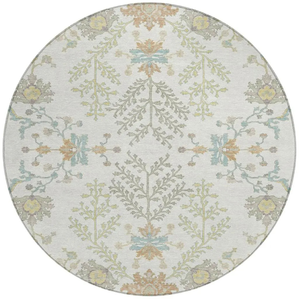 8' Ivory And Beige Round Oriental Washable Indoor Outdoor Area Rug Homeroots Outdoor