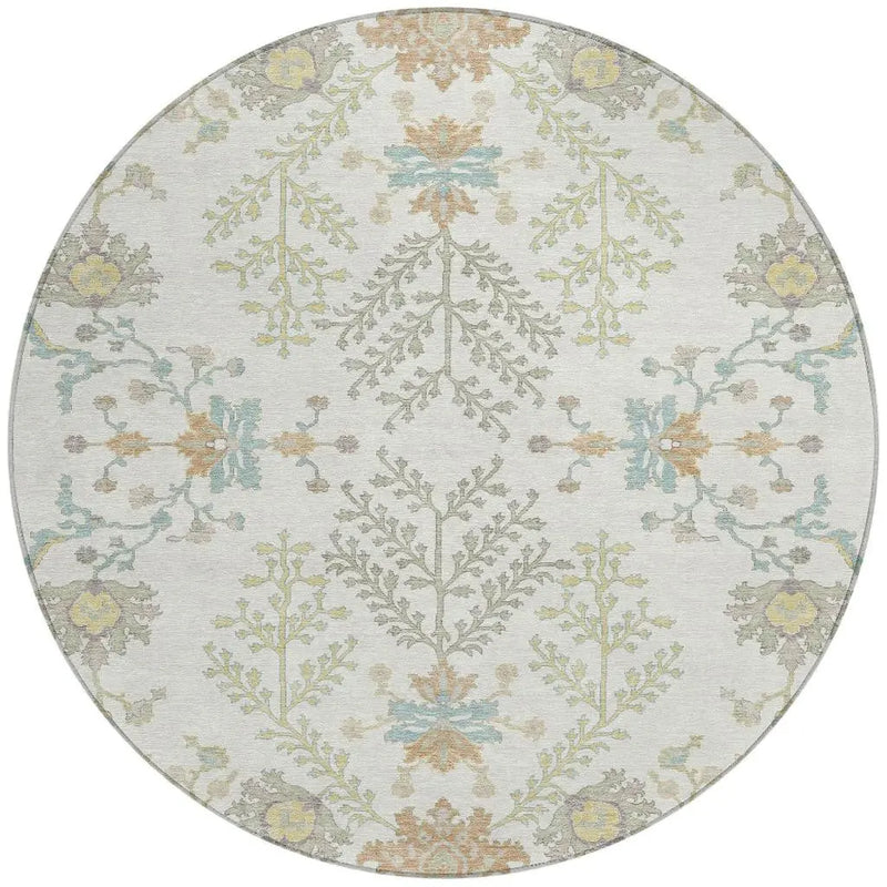 8' Ivory And Beige Round Oriental Washable Indoor Outdoor Area Rug Homeroots Outdoor