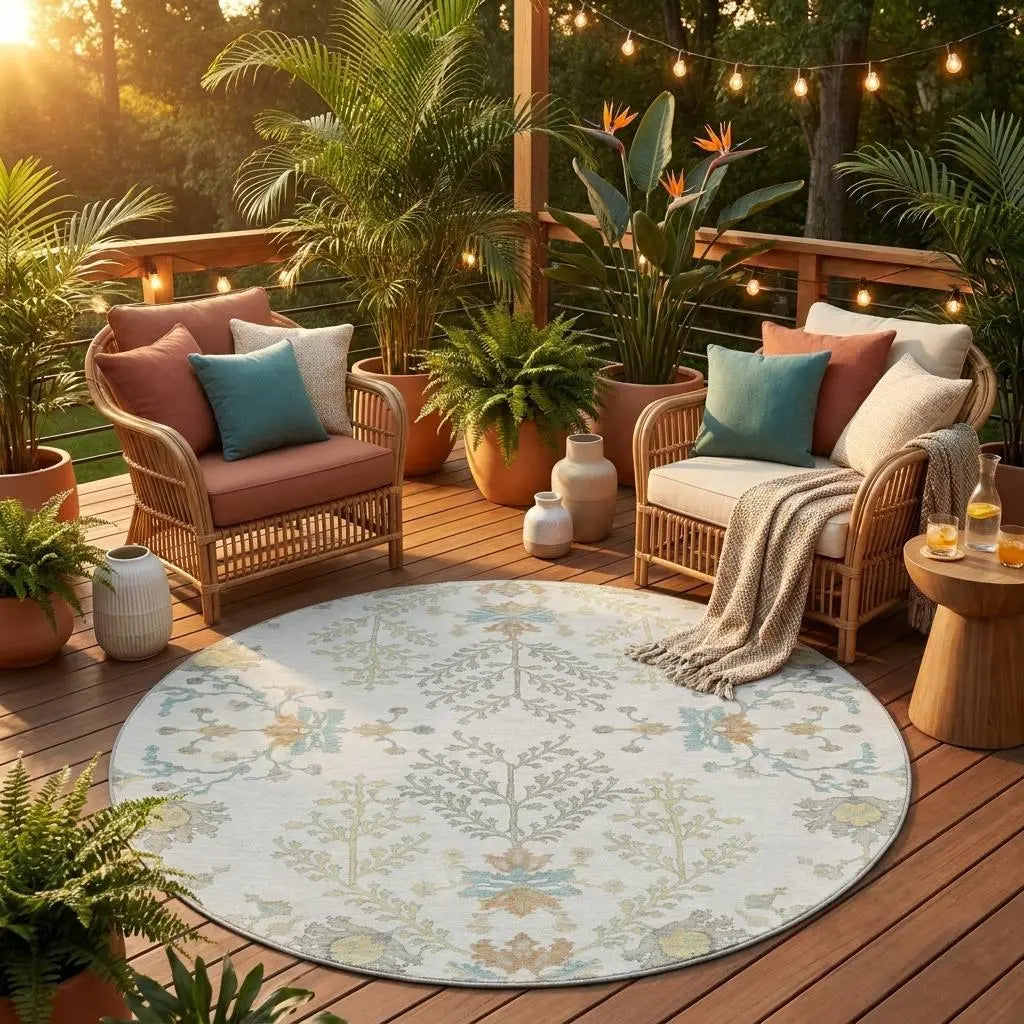 8' Ivory And Beige Round Oriental Washable Indoor Outdoor Area Rug Homeroots Outdoor
