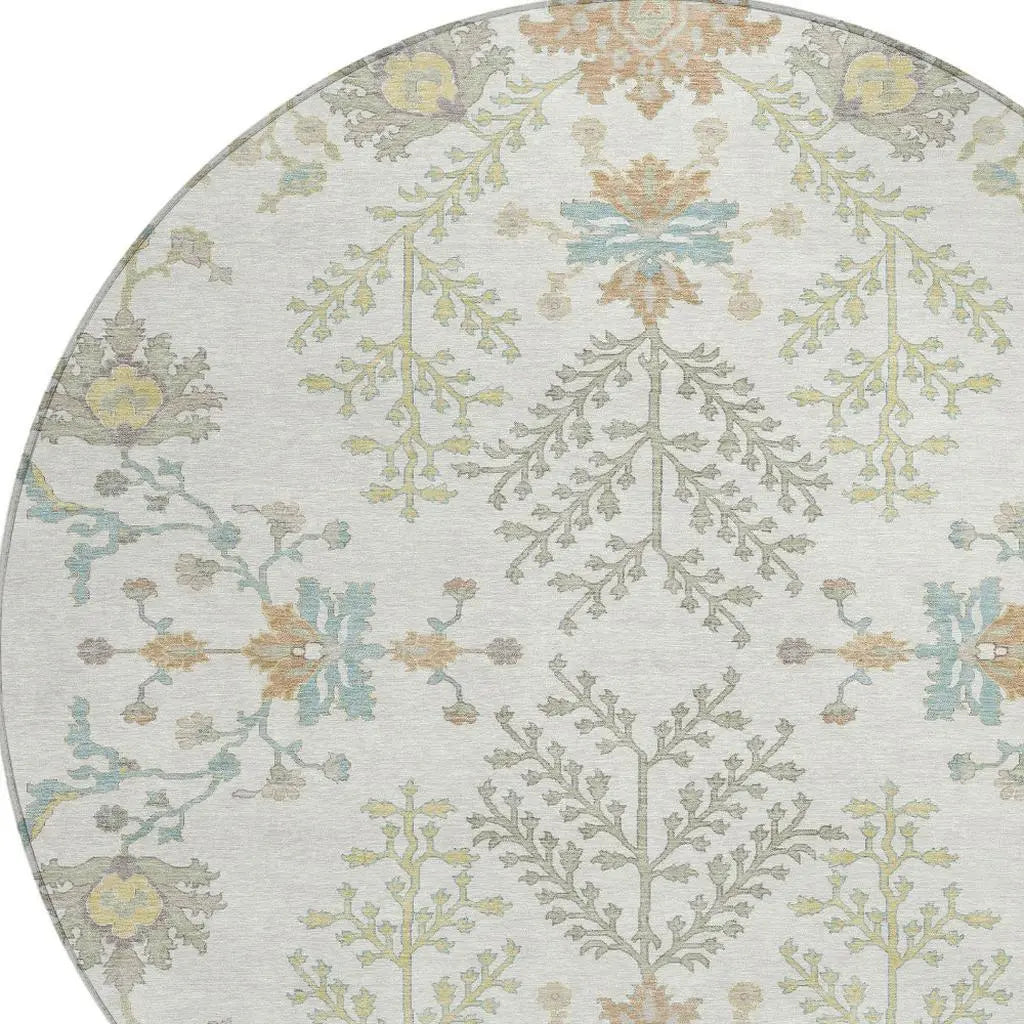 8' Ivory And Beige Round Oriental Washable Indoor Outdoor Area Rug Homeroots Outdoor