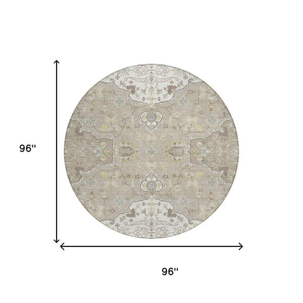 8' Ivory And Beige Round Oriental Washable Indoor Outdoor Area Rug Homeroots Outdoor