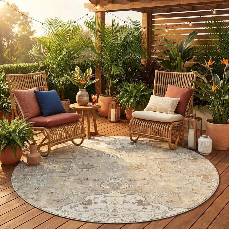 8' Ivory And Beige Round Oriental Washable Indoor Outdoor Area Rug Homeroots Outdoor