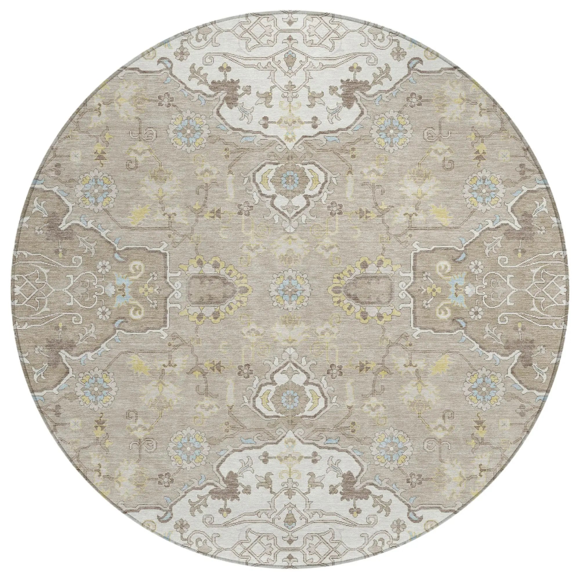 8' Ivory And Beige Round Oriental Washable Indoor Outdoor Area Rug Homeroots Outdoor