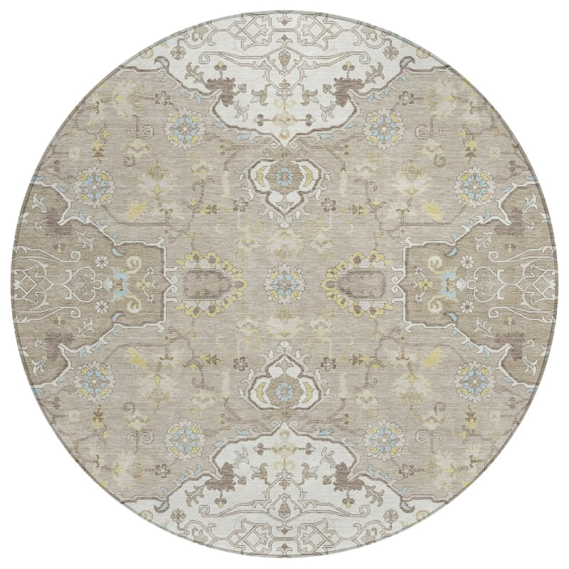 8' Ivory And Beige Round Oriental Washable Indoor Outdoor Area Rug Homeroots Outdoor