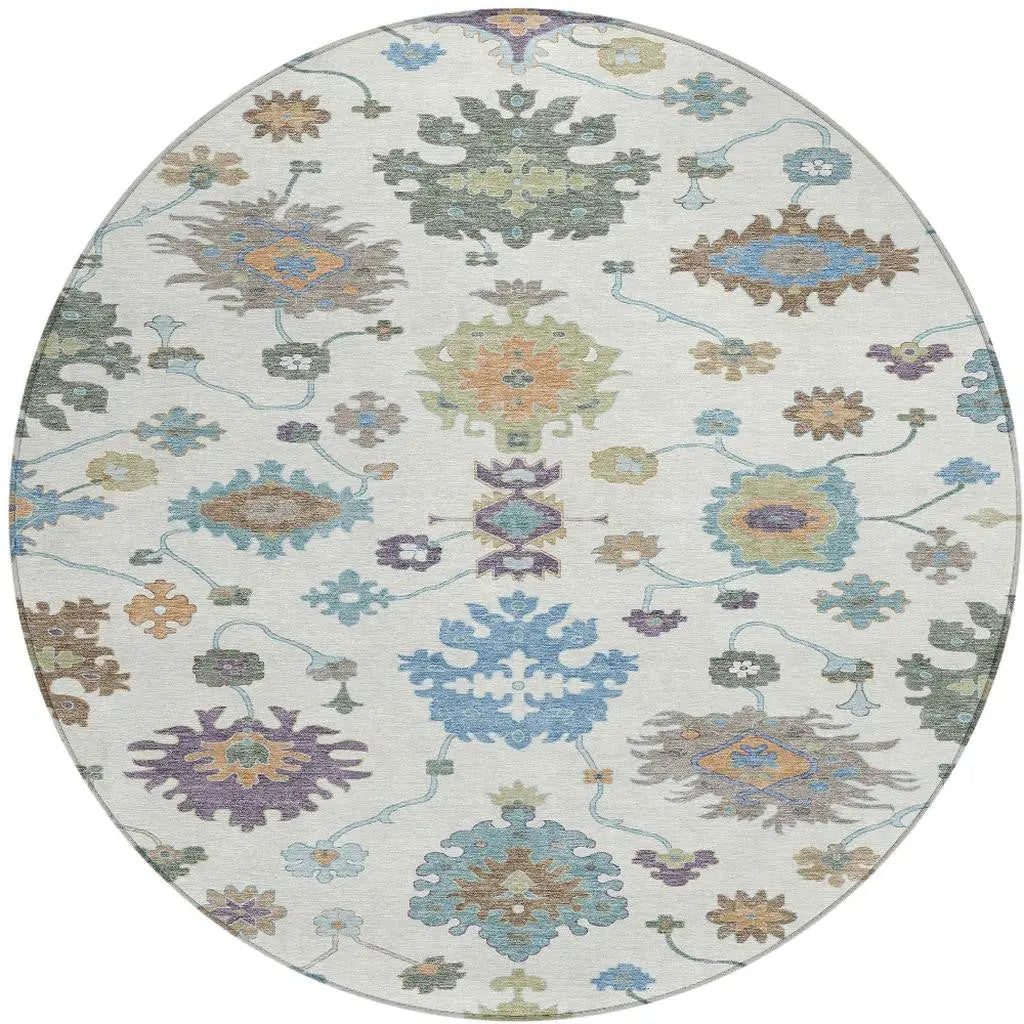 8' Ivory And Beige Round Oriental Washable Indoor Outdoor Area Rug Homeroots Outdoor