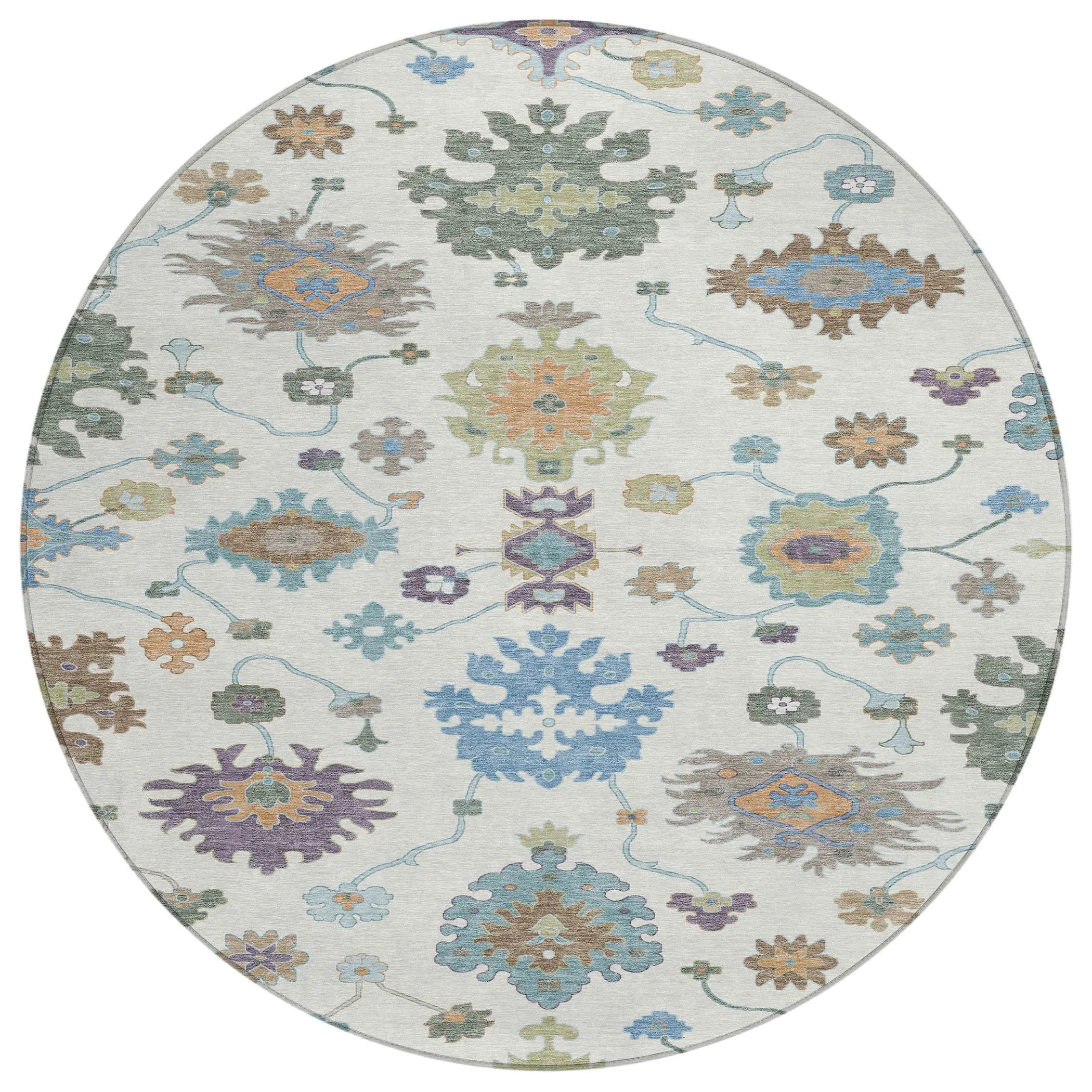 8' Ivory And Beige Round Oriental Washable Indoor Outdoor Area Rug Homeroots Outdoor