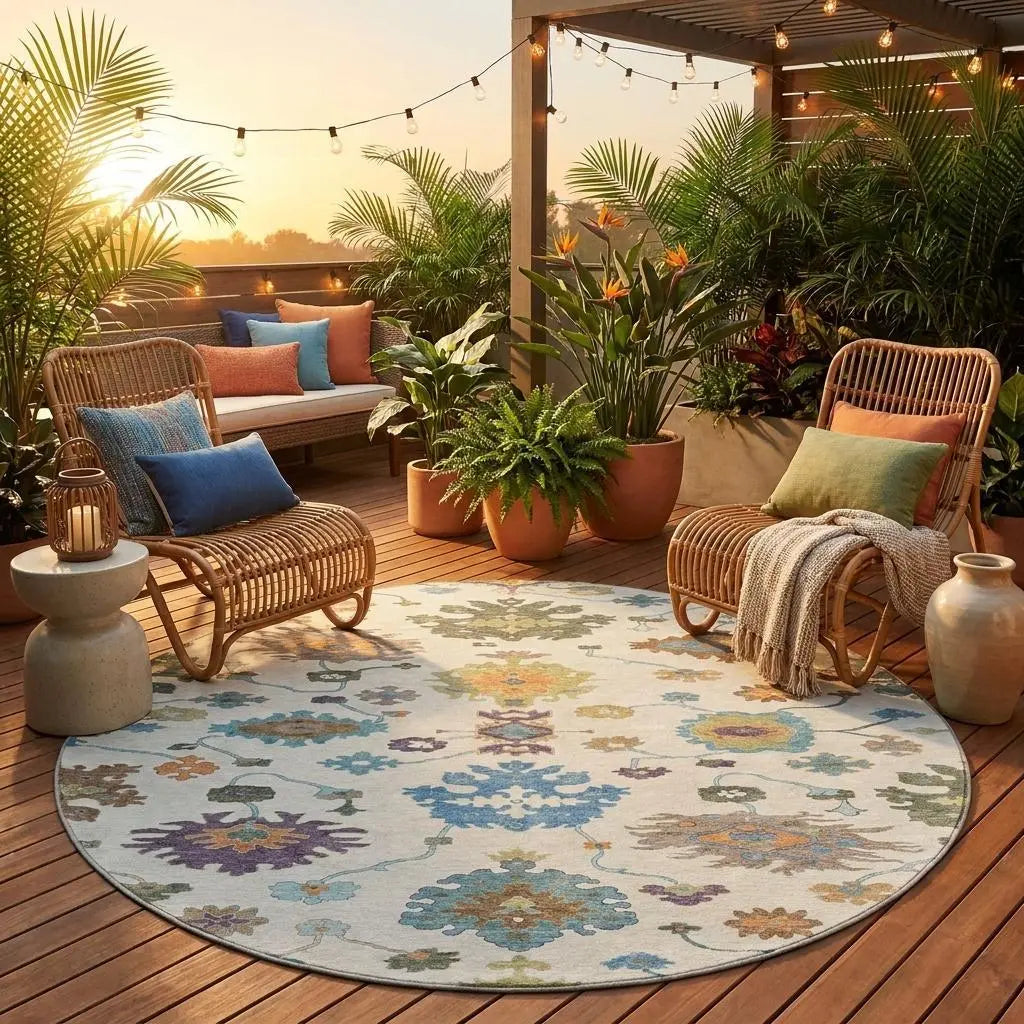 8' Ivory And Beige Round Oriental Washable Indoor Outdoor Area Rug Homeroots Outdoor