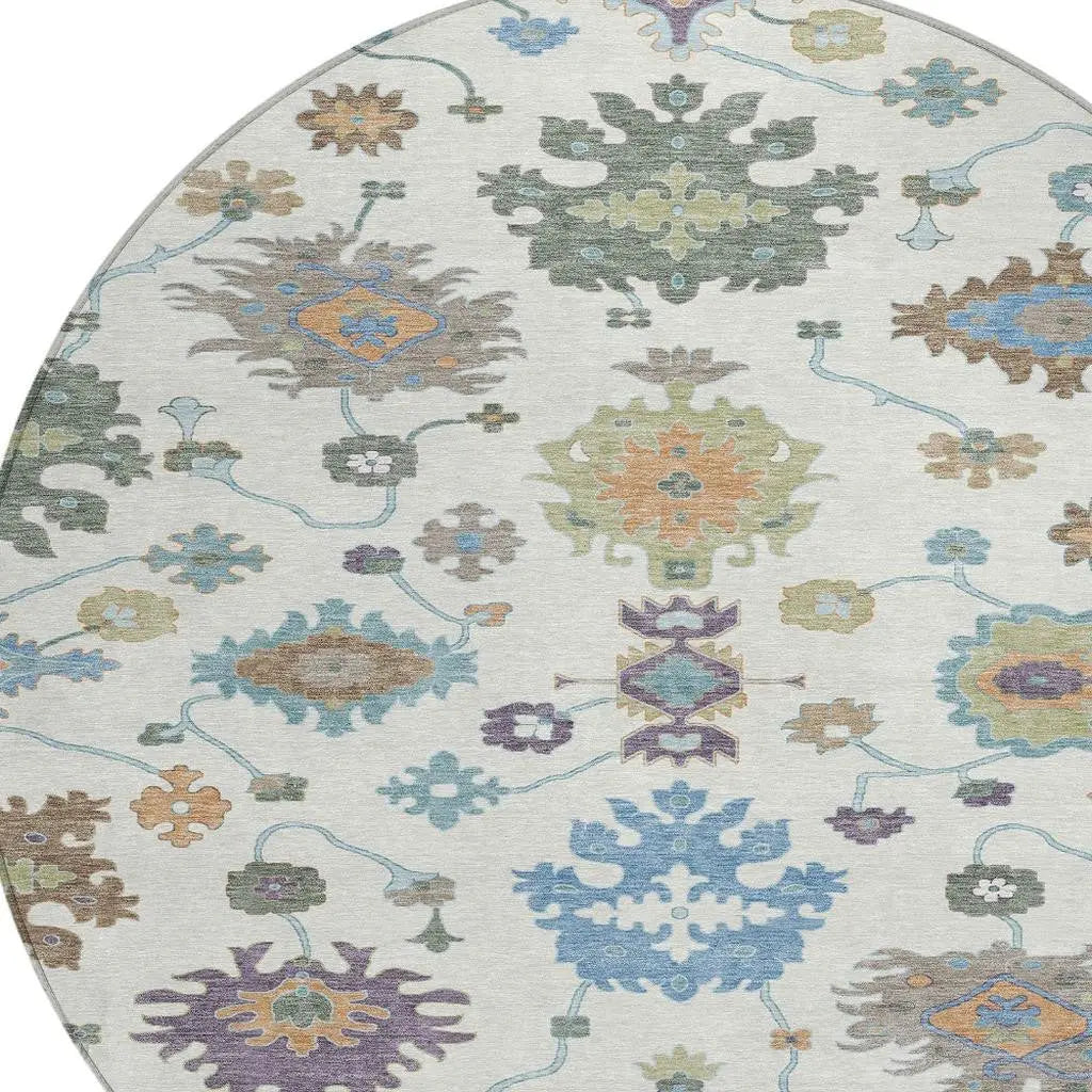 8' Ivory And Beige Round Oriental Washable Indoor Outdoor Area Rug Homeroots Outdoor
