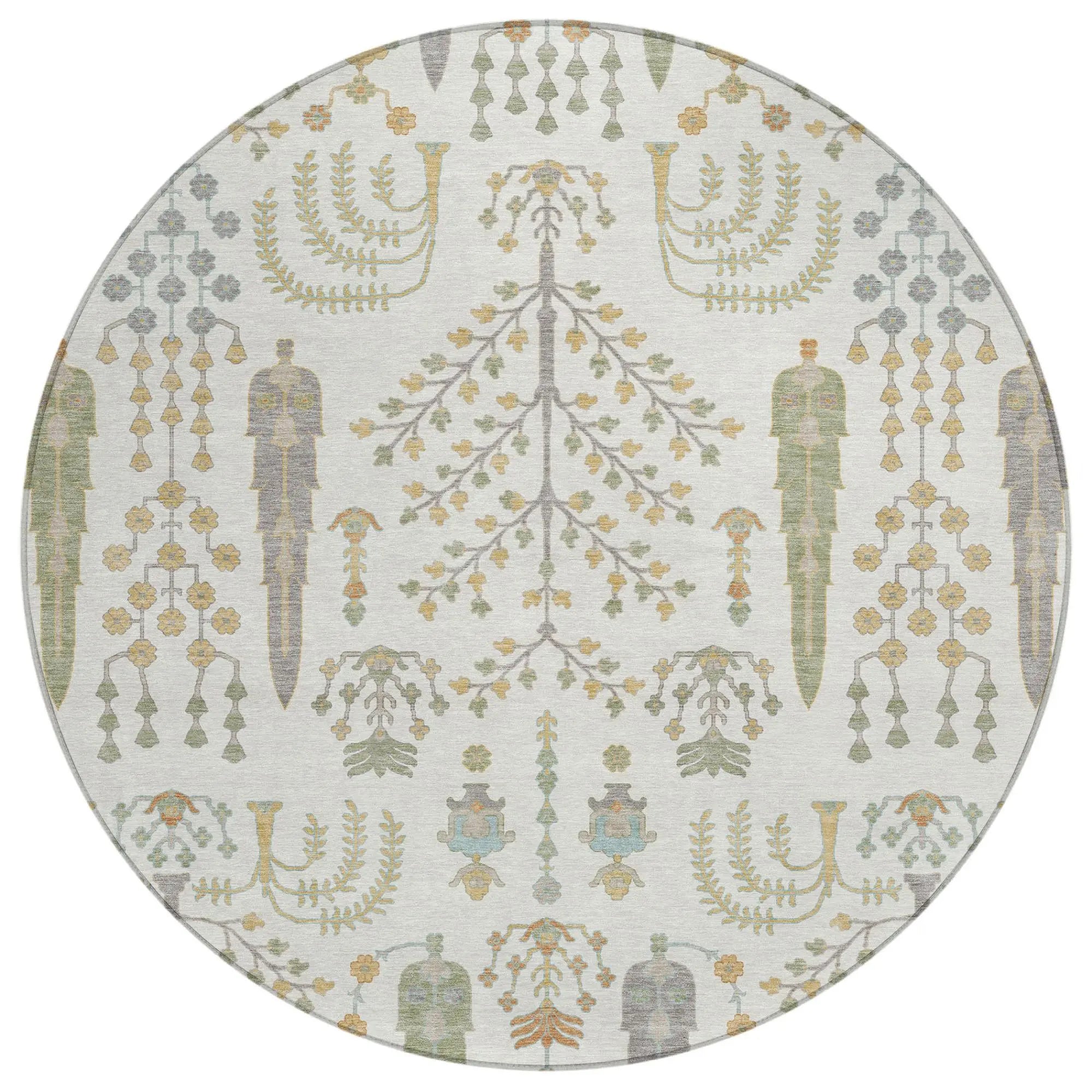 8' Ivory And Beige Round Oriental Washable Indoor Outdoor Area Rug Homeroots Outdoor