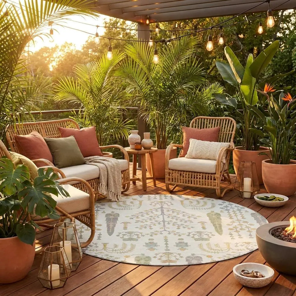 8' Ivory And Beige Round Oriental Washable Indoor Outdoor Area Rug Homeroots Outdoor