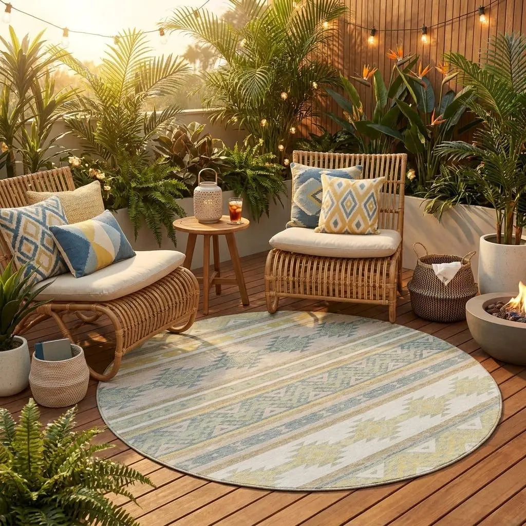 8' Ivory And Beige Round Southwestern Washable Indoor Outdoor Area Rug Homeroots Outdoor