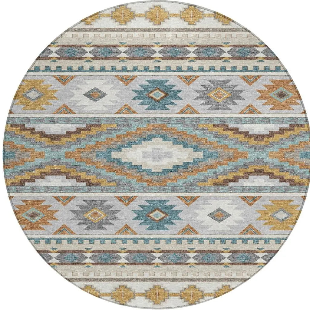 8' Ivory And Beige Round Southwestern Washable Indoor Outdoor Area Rug Homeroots Outdoor